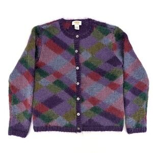 Talbots Hand Knit Mohair Blend Argyle Cardigan Purple Multi-Color Size S
